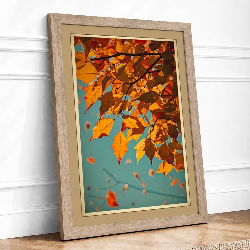 Autumn Leaves Falling Japandi - Framed Print, A2 - 59.4 x 42.0 cm, Oak
