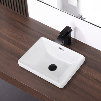 KARAMAG 17" White Porcelain Rectangular Drop In Bathroom Sink With Overflow Semi-Recessed Installation