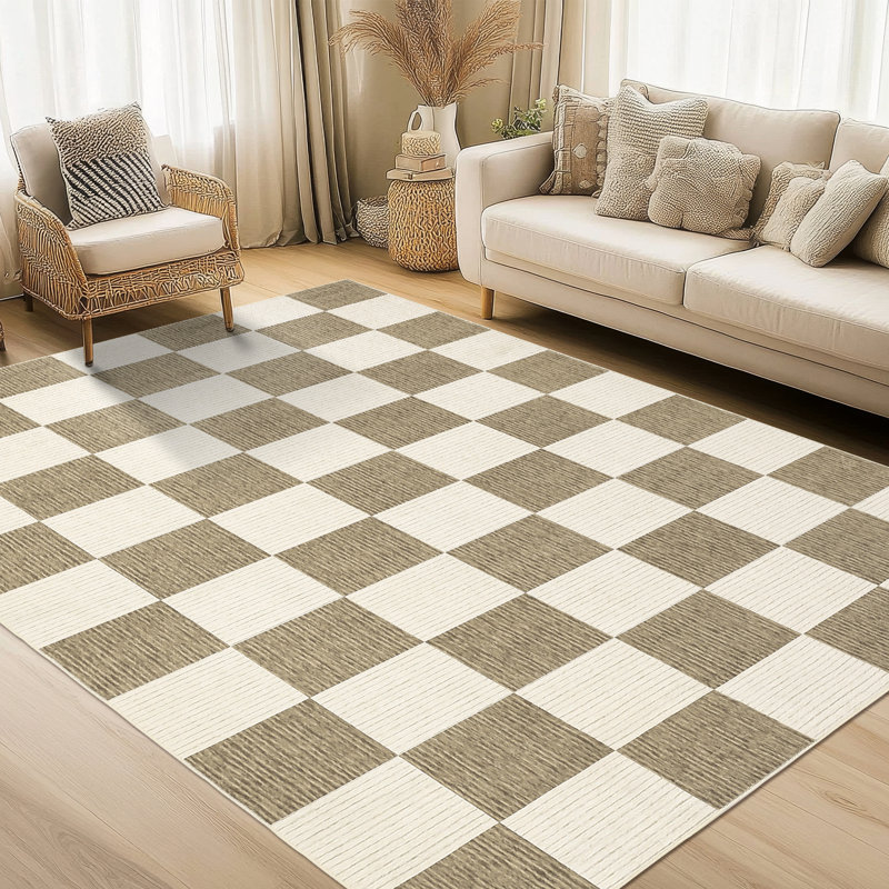 Checkered Area Rug Large Washable Rugs for Living Room Bedroom Soft Dining Table Carpet Neutral Non Shedding Foldable Indoor Carpet for Office Nursery Home Decor
