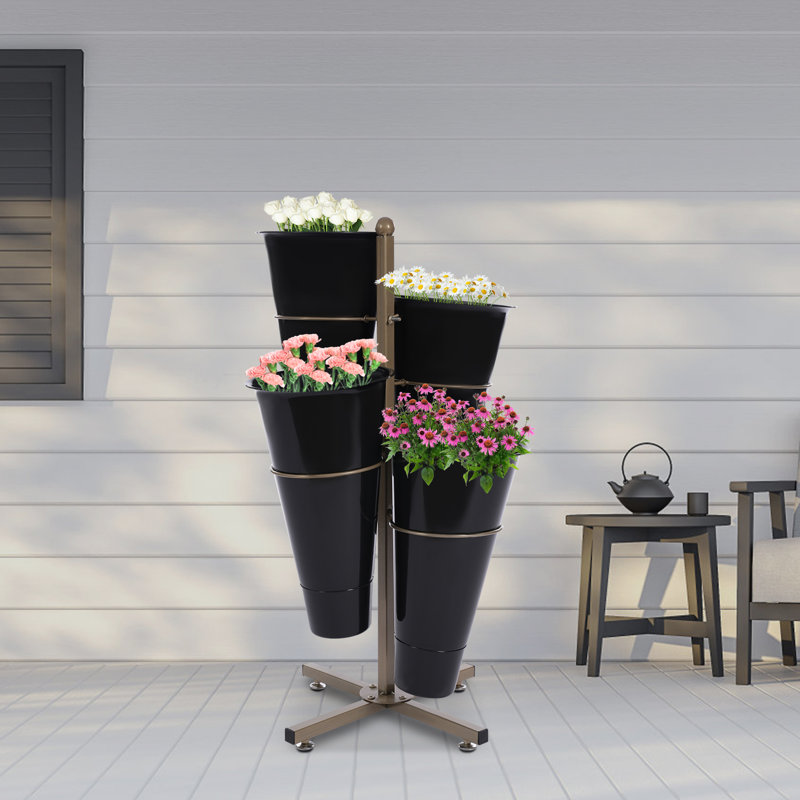  Présentoir à fleurs en métal 4 pièces avec seaux, Noir