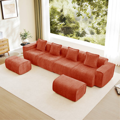 Canapé rembourré, canapé moelleux, canapé modulaire modulaire, canapé 4 places avec coussins décoratifs et deux repose-pieds mobiles