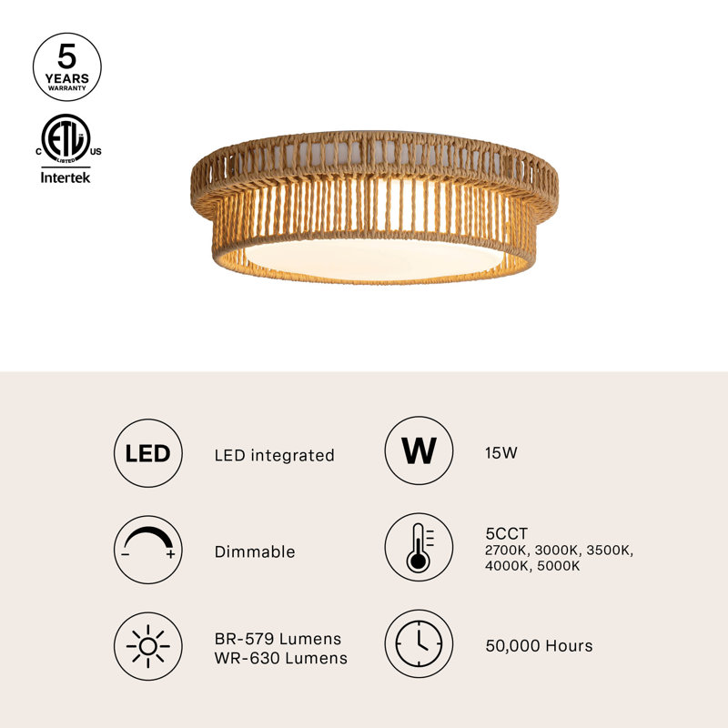 13-in Braided Rope Dimmable LED Flush Mount, Braided Rope, 13-in