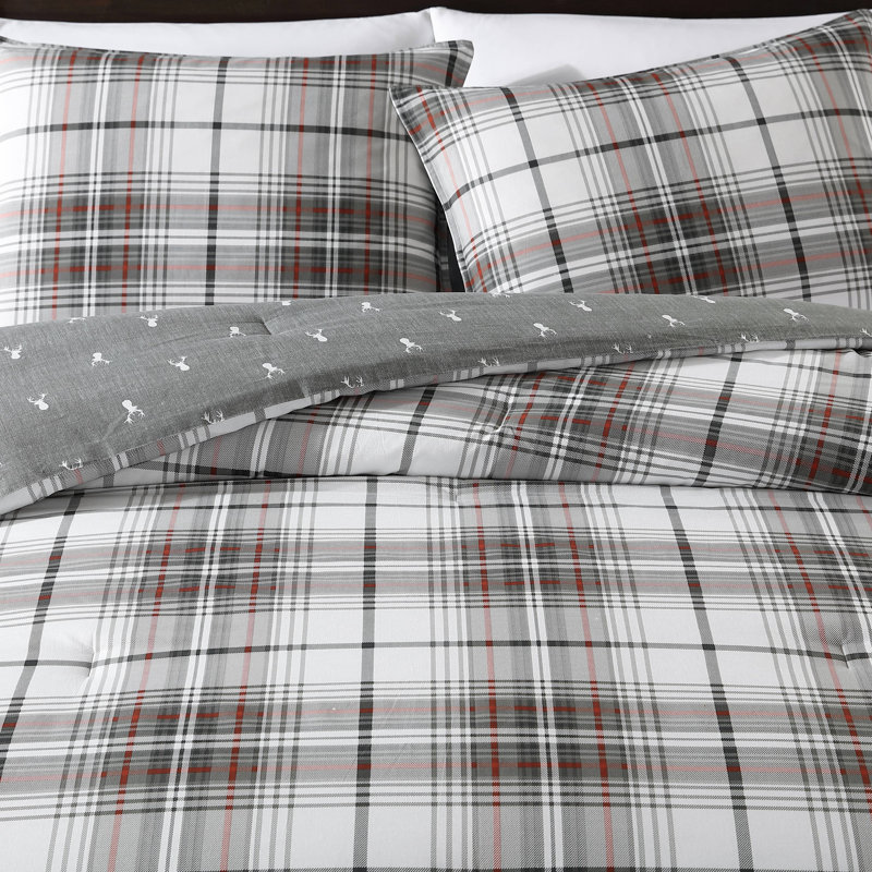 Ensemble d'édredon réversible 100% coton Cooper, Édredon pour très grand lit + 2 taies décorativ, Tissu écossais gris