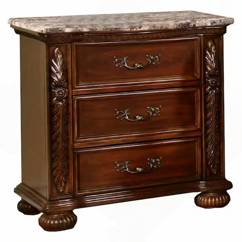 Table de chevet 3 tiroirs formelle traditionnelle avec plateau en faux marbre, table de chevet en bois massif sculptée à la main, cerisier