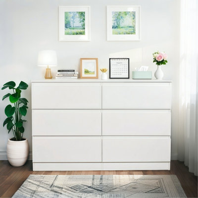 Commode 6 tiroirs, commode moderne pour la chambre à coucher avec comptoir spacieux, armoire de rangement en bois avec poignées dissimulées et 6 tiroirs profonds pour la chambre à coucher, le salon, le vestibule