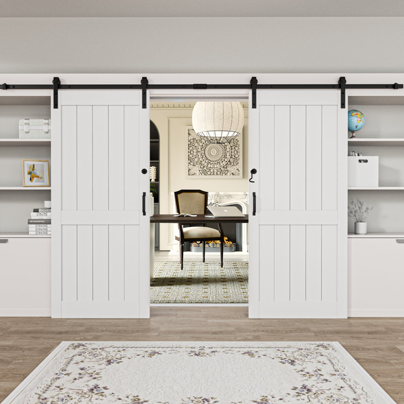 Double Sliding Primed Paneled Barn Door with  Installation Hardware Kit(Door Lock/Soft Close Included), 72" x 84"