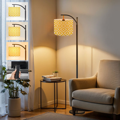  Lampe sur pied à arc avec lignes géométriques abstraites et losanges sans soudure, texture or jaune, grand lampadaire moderne à DEL, abat-jour réglable en lin, 3 températures de couleur