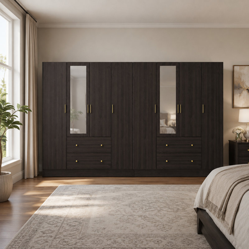 Armoire 8 tiroirs et miroirs H 70,9 po x l 126 po x P 19,7 po Roylee, Brun-noir