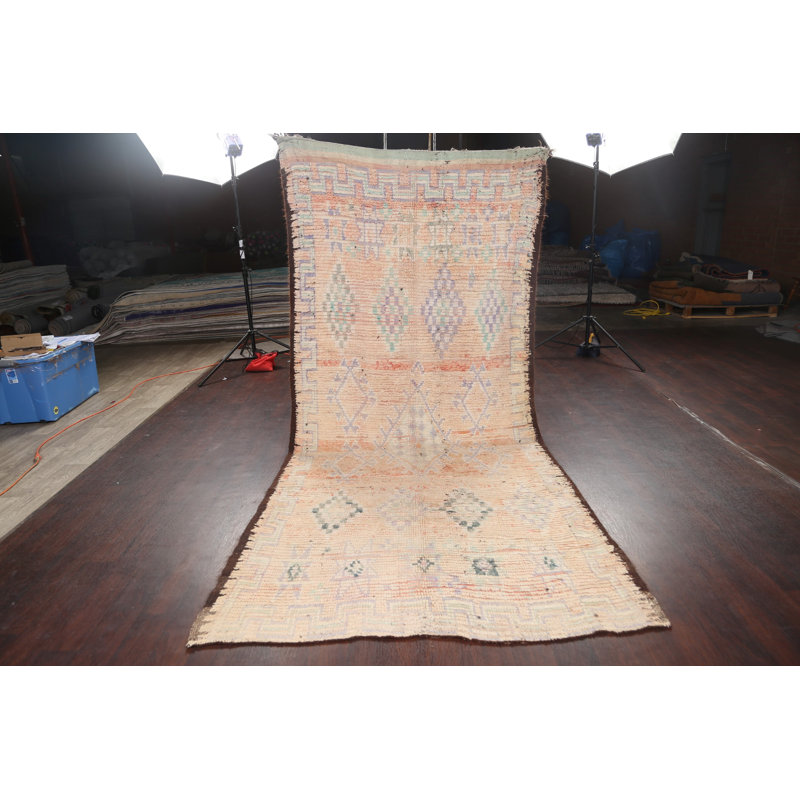 Tapis décoratif couleur pêche en laine de conception unique 4 pi 9 po x 10 pi 9 po noué à la main