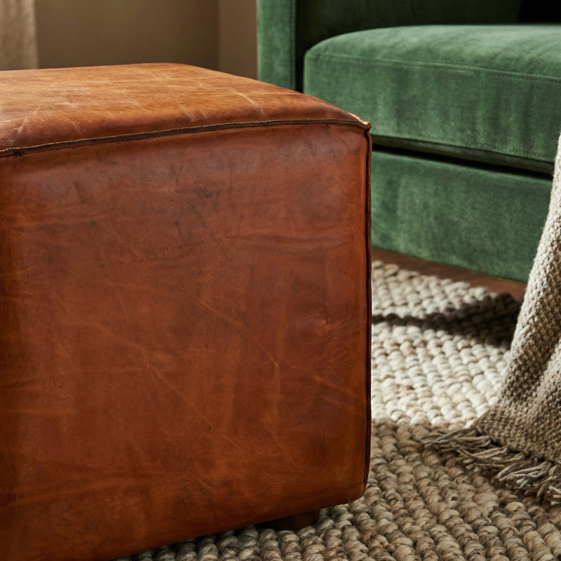 Genuine Leather Cube Ottoman, Saddle Brown