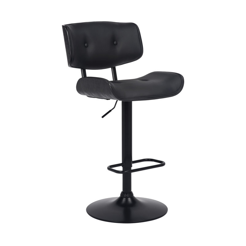 Primeau Swivel Adjustable Height Bar Stool with Pedestal Base in Faux Leather, Wood and Metal, Black Faux Leather, Black