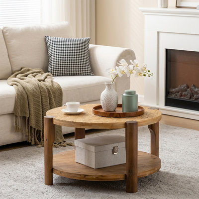 Round Farmhouse Coffee Table with Storage Shelves Rustic Circle Living Room Center Table for Home,Apartment,Small Spaces