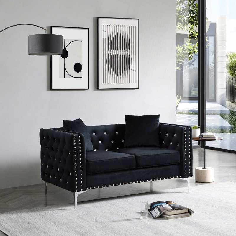 Canapé en velours noir 59,4 pouces de largeur avec boutons ornés de bijoux, accoudoirs carrés, 2 coussins