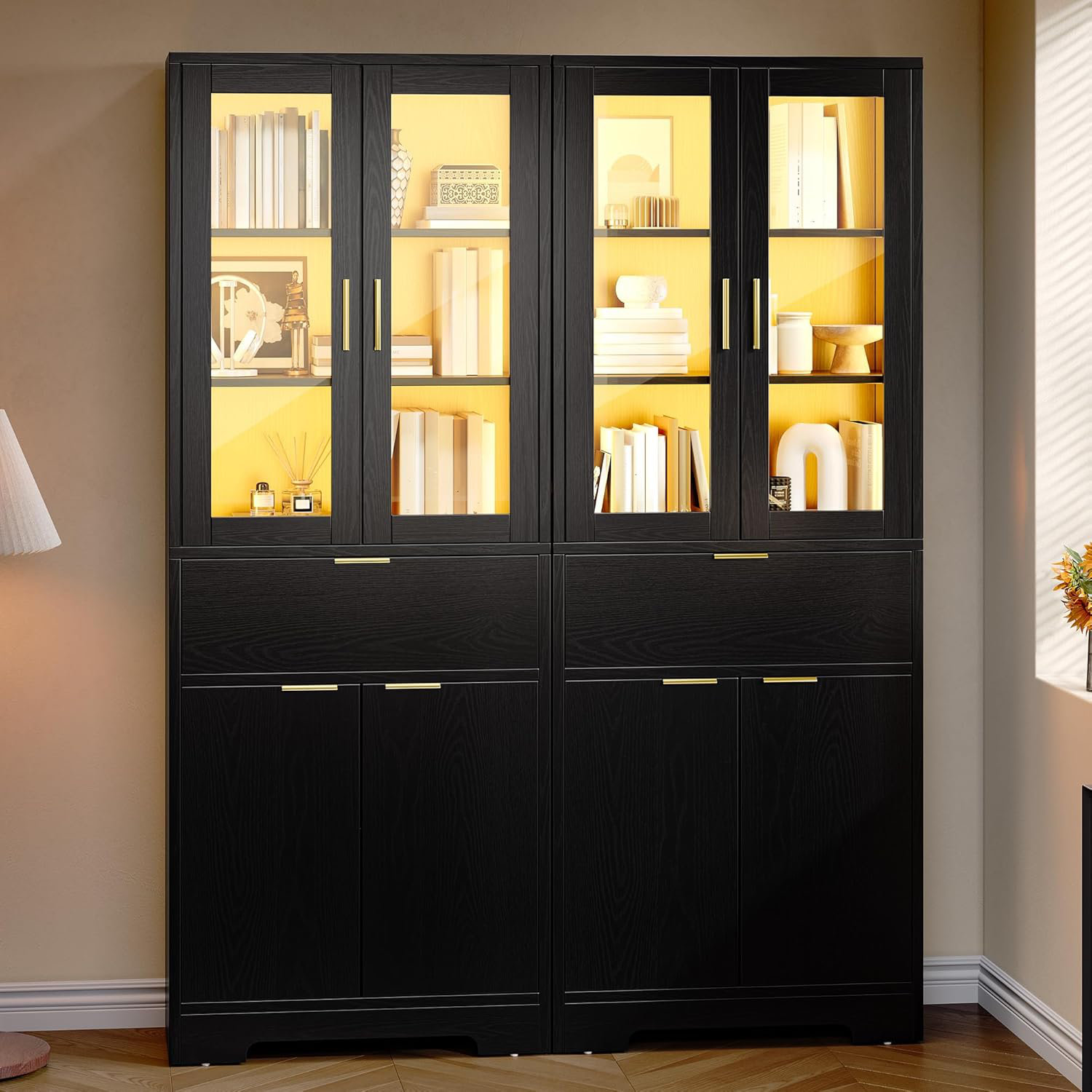 Ivy Bronx Storage Cabinet With LED Lights, Tall Bookcase With Drawers
