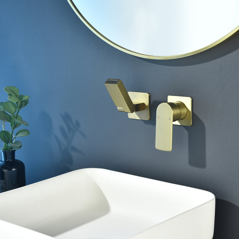 Solid Brass Wall Mounted Bathroom Sink Faucet With Optional Drain Assembly, Brushed Gold, Drain Assembly Not Included