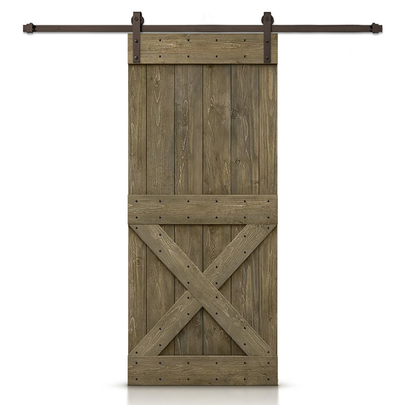 Porte de grange à panneaux et en bois avec quincaillerie d'installation, 24 po x 84 po, Tonneau vieilli, Noir mat