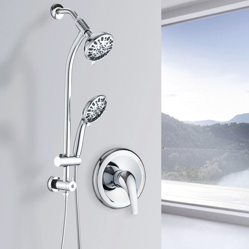 Dual Head Shower System - Stainless Steel Slide Bar, 7 Spray Patterns, 5" Abs, 1.8 Gpm, , Wall Mounted, Drill- Mounted Abs Showerhead,