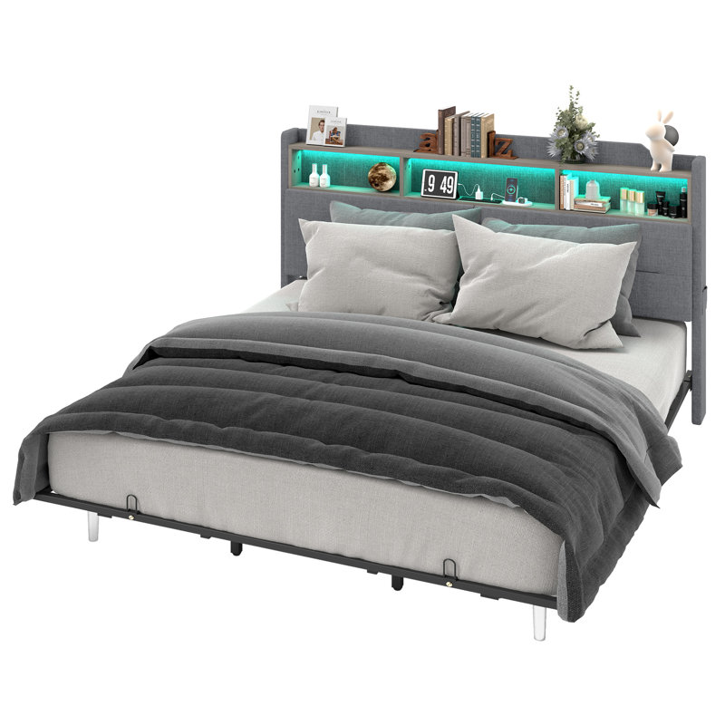 Upholstered Platform Storage Bed with LED Lights, King, Grey