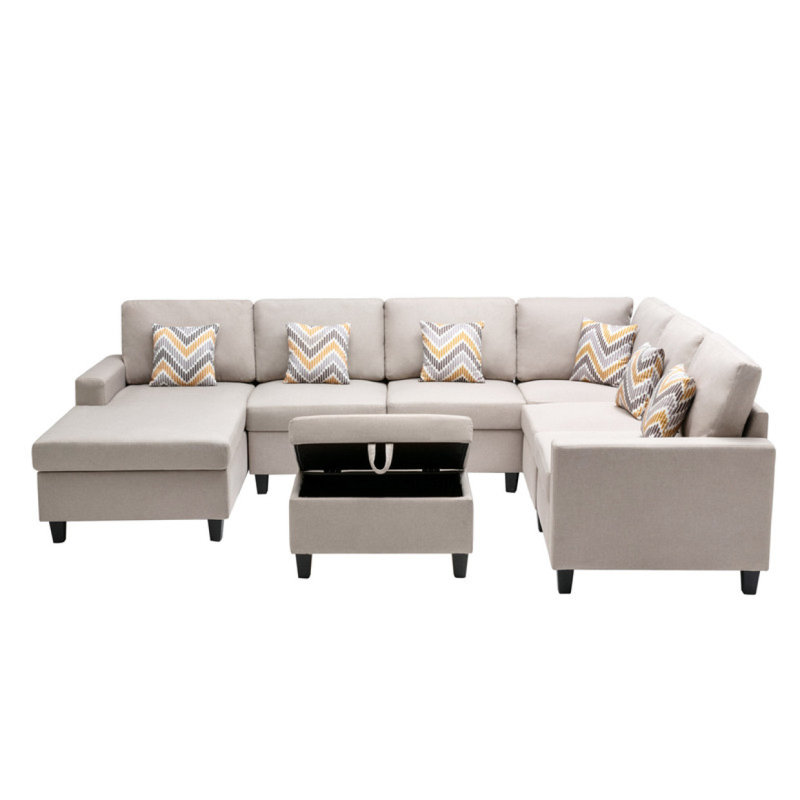 Canapé modulaire réversible en tissu de lin de 124 po avec pieds interchangeables, repose-pieds et rangement