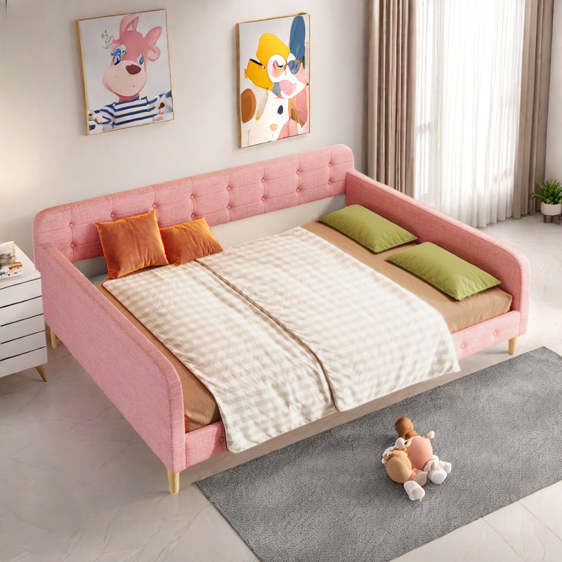 Lit de jour rembourré avec 4 pieds de soutien, Rose