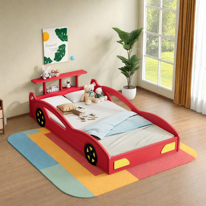 Kids Car Bed With Tail Style Shelves, Red