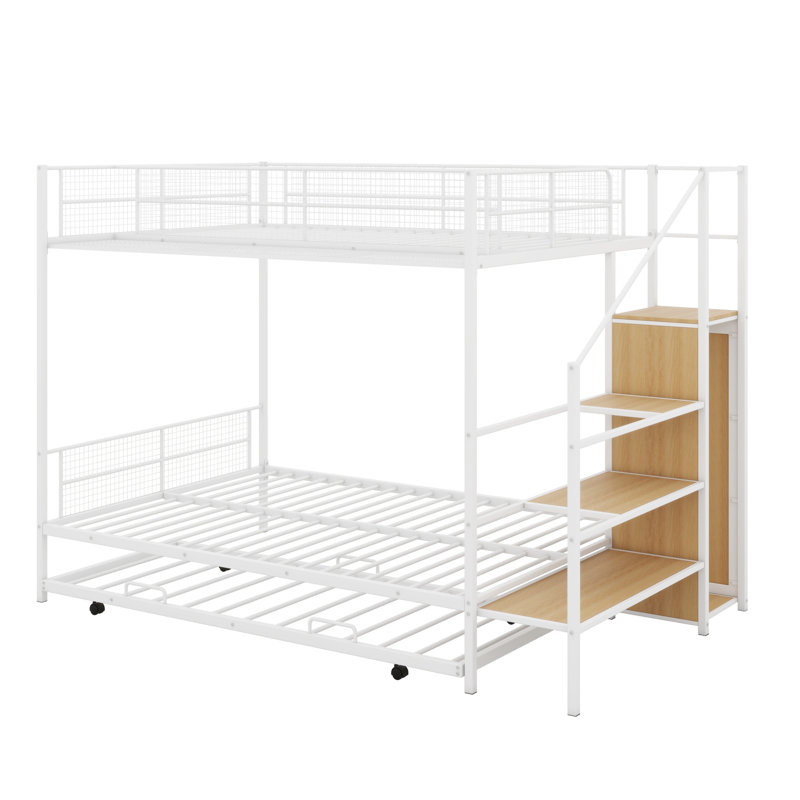 Lit superposé en métal avec lit gigogne, échelle de rangement latérale et garde-robe