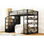 Grand lit mezzanine en métal avec tablettes de rangement, armoires et garde-robe, noir