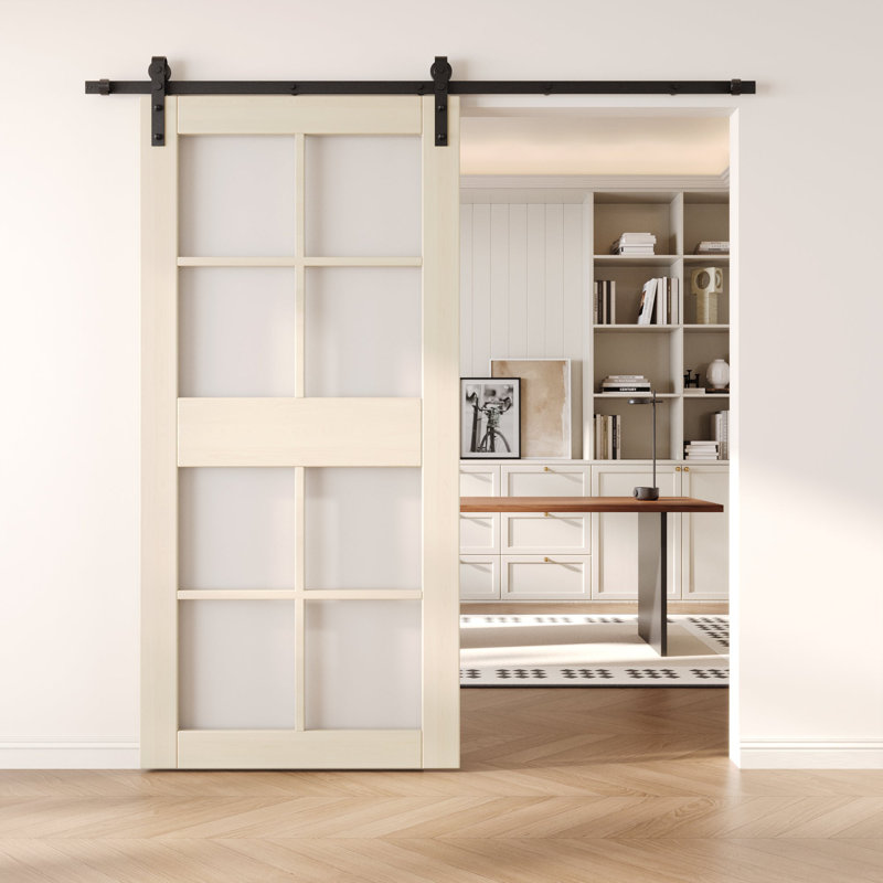 Homacer Tinsmith Gray 84in 8-Lite Glass Design Unassembled & Finished Barn Door, interior use only, 30 po x 84 po