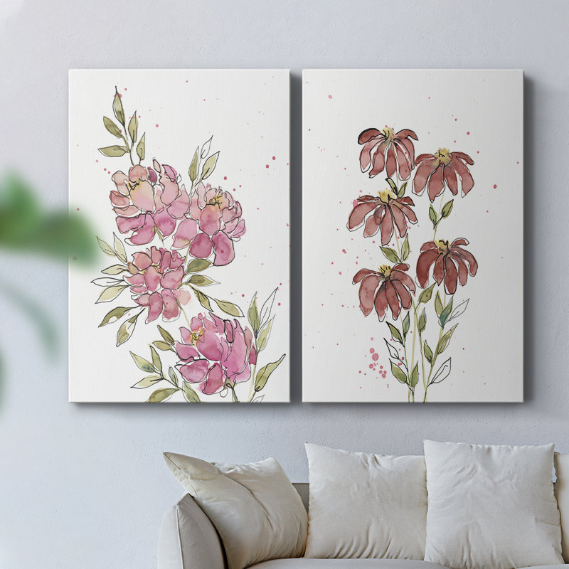 Watercolor Blooms I - Toile tendue avec châssis de qualité supérieure - Prêt à accrocher, H 12 po x l 16 po