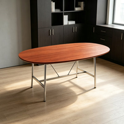 Bureau ovale en pin massif durable et acier inoxydable
