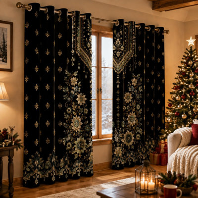 2Pcs Black Floral Jacquard Soft Fabric Sun Blocking Curtains, Luxury Vintage Pattern Thermal Insulated Room Darkening, Grommet Top for Living Bedroom Decoration for Home Dector