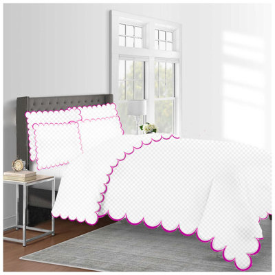 Allena 400TC Cotton Scallop Embroidery Sateen Microcheck Duvet Cover Set