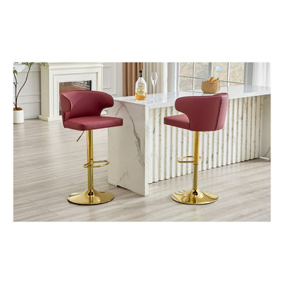 Ensemble de 2 tabourets de bar pivotants et réglables modernes, en cuir PU avec dossier haut et base en métal doré, pour îlot de cuisine et salle à manger, rouge.