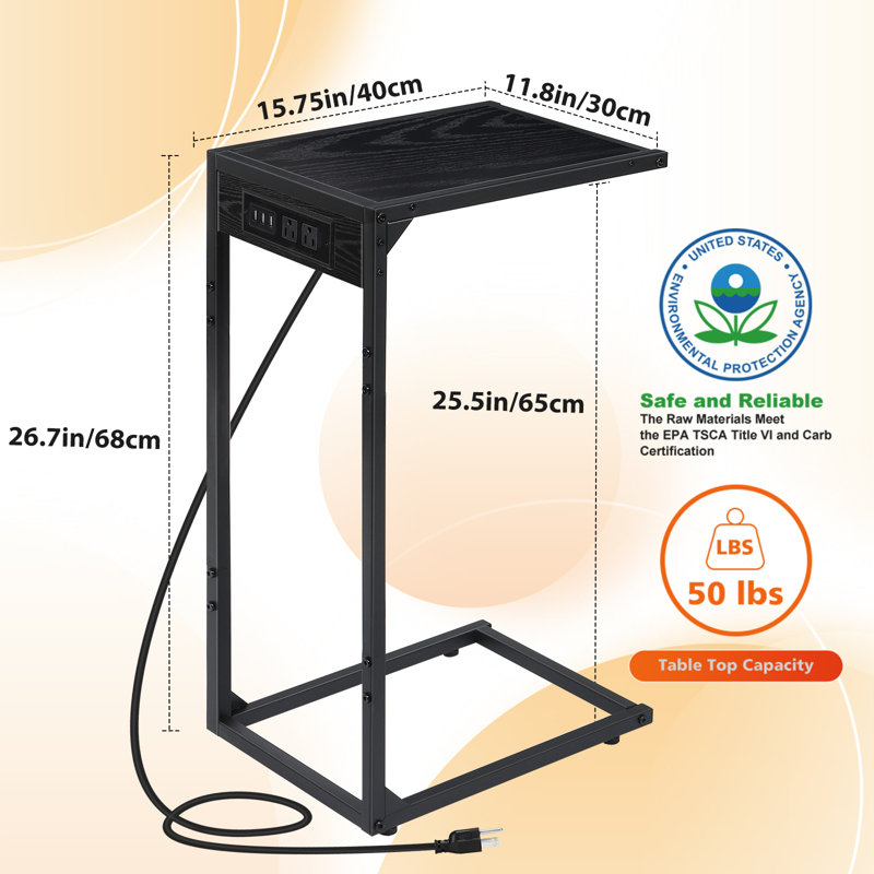 Ensemble de 2 tables d'appoint hautes en forme de C avec prises de courant - noir