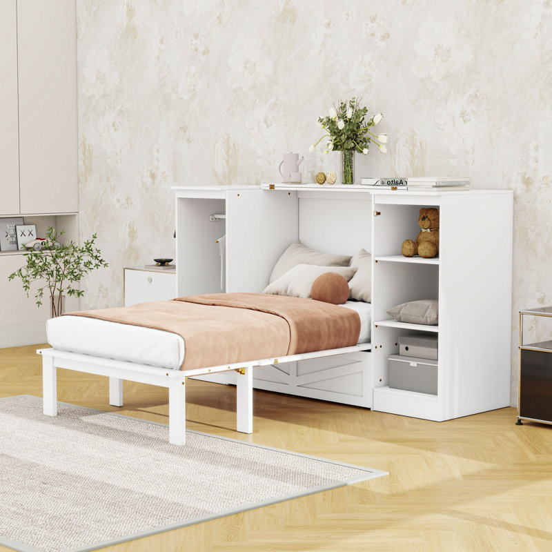Lit escamotable simple peu encombrant avec garde-robe et tablettes