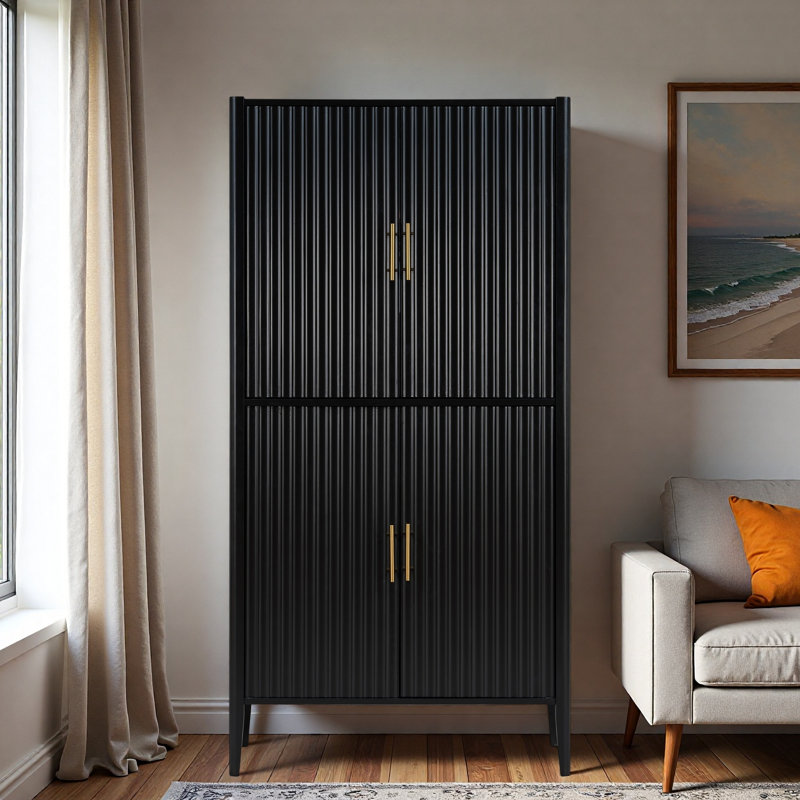 Armoire à vin cannelée moderne avec présentoir en verre, porte-verres à pied, tiroir, tablettes réglables et éclairage à DEL intégré