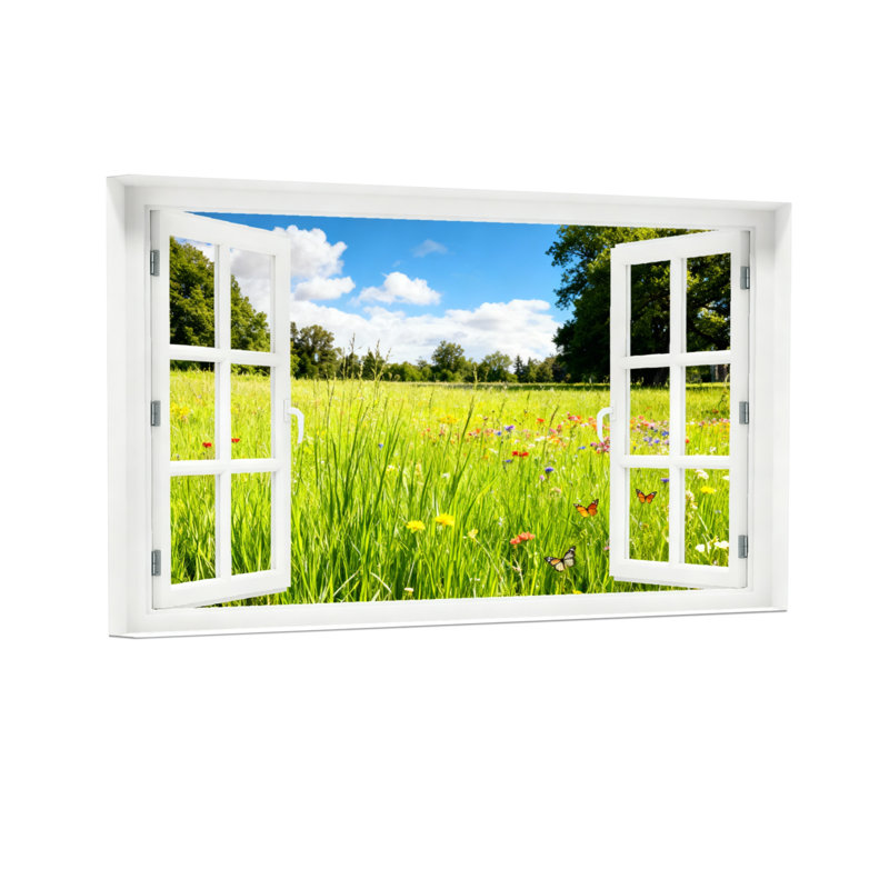 Paysage et nature fenêtre ouverte pré champ de fleurs arbre ciel, H 12 po x l 18 po