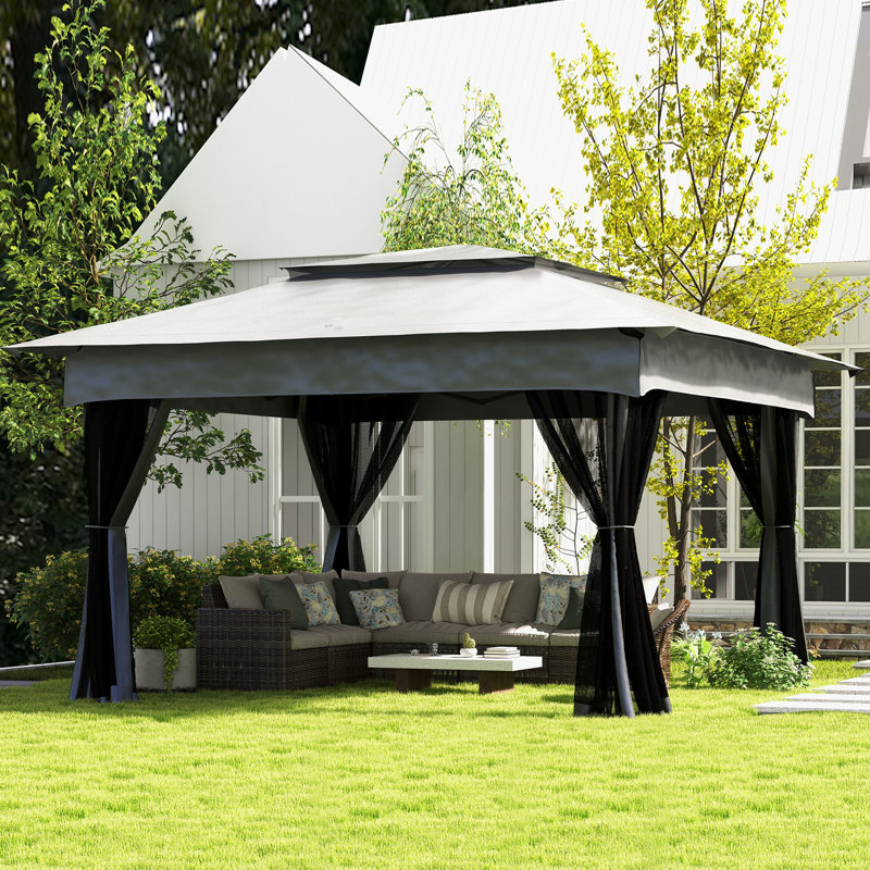11' X Pop Up Canopy Gazebo Outdoor. Removable Zipper Netting Provided, Instant Patio Tent. 114 Sq. Ft. Shade, Carry Bag, Gray Outdoor Canopy, With Zippered Net. For Patio, Backyard, Garden, Sq Ft