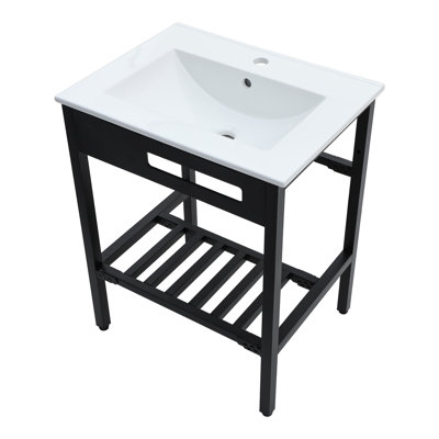 24"L White Ceramic Rectangular Bathroom Sink Single Faucet Hole Console Sink With Overflow