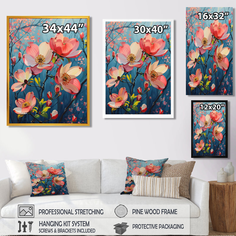 Collage de fleurs de cornouiller rose et bleu, Toile tendue, H 16 po x l 32 po