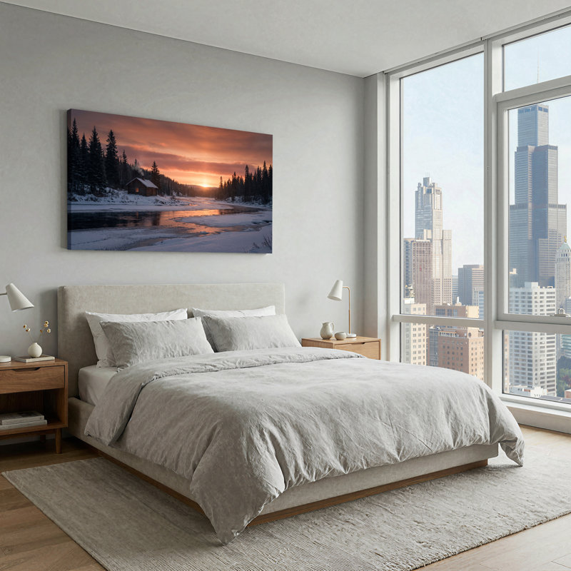 Toile en rondins près de la rivière gelée au coucher du soleil, art mural, 40“W x 20”H