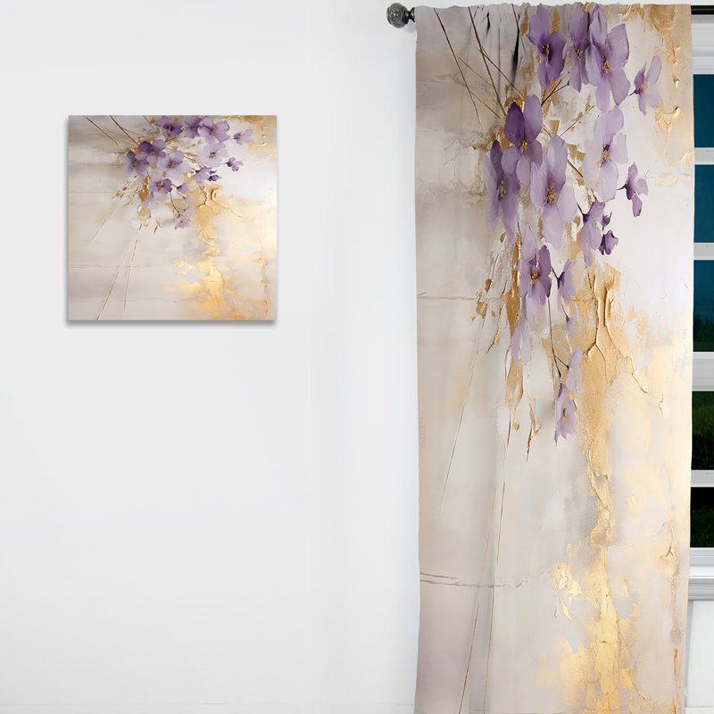 Purple And Gold Adorned Violets Meadow III - Violets Blackout Floral Curtain - 1 Panel, 52" W x 120" L