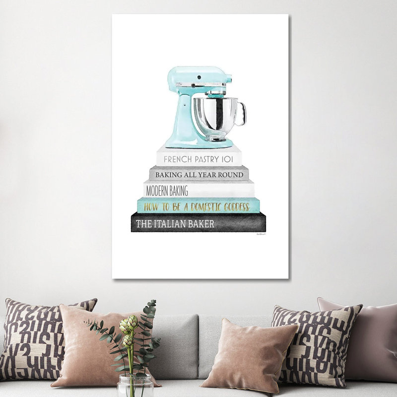 Baking Bookstack with Teal Mixer 1 Piece Painting on Canvas, 20.32 cm H x 30.48 cm W, Wrapped Canvas