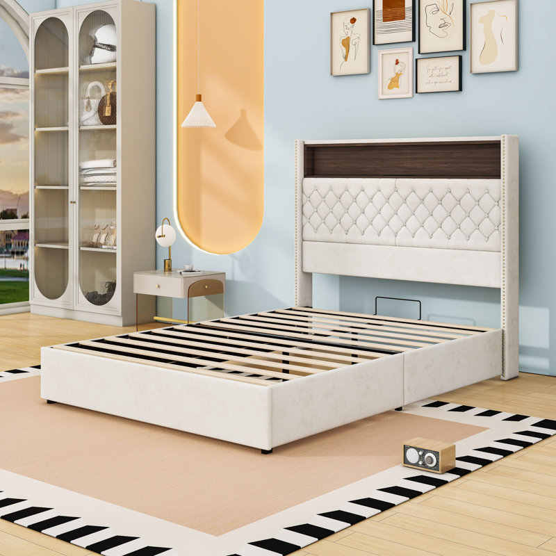 Base de lit plateforme avec port USB, veilleuse et tablette de rangement, Beige, Complète