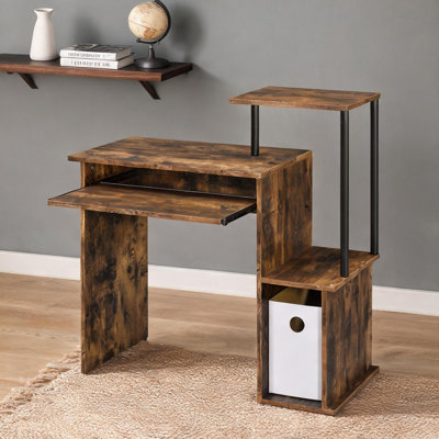 Weathered Oak and matte black computer desk with keyboard tray and storage shelf, 37 W x 16 D