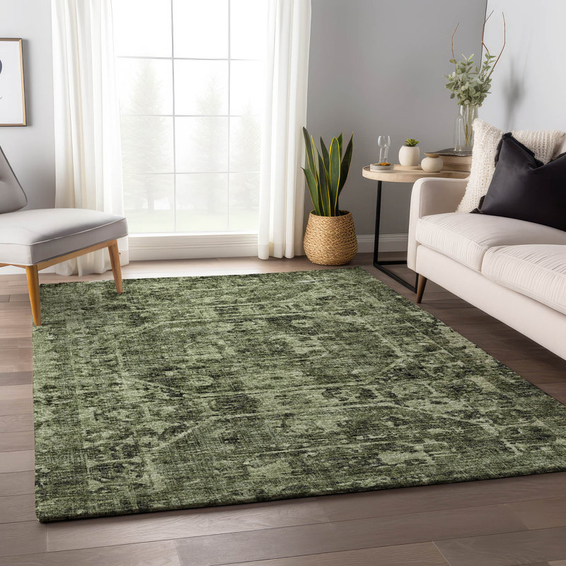 Premium Machine Washable Kelsa AMF41 Olive Rug, Rectangle 8' x 10'