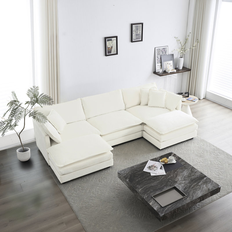 5 canapé modulaire avec repose-pieds réversible, blanc en forme de U pour le salon, 2 repose-pieds à revêtement haut, tissu d'ameublement en chenille