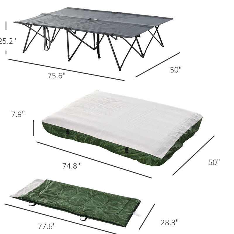 Lit de camp portatif extérieur pour 2 personnes avec sac de couchage, matelas gonflable, coussins, sacs de transport et coussins de transport
