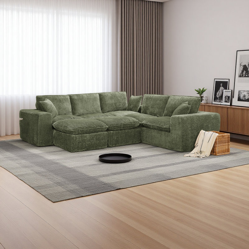 Canapé modulaire en forme de L de 107 po avec deux repose-pieds amovibles en forme de L et canapé-lit confortable, Vert