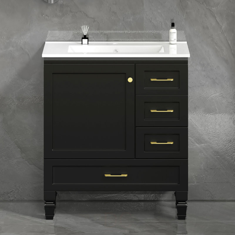 Meuble-lavabo 30 po. Armoire de rangement abondante - 1 porte à fermeture douce et 3 tiroirs, Noir